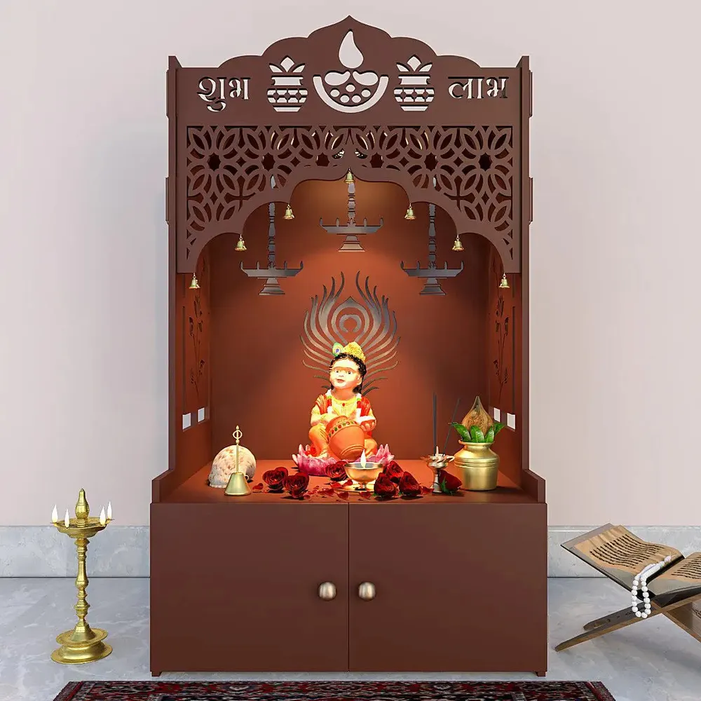 Intricate Jali Wooden Floor Temple with Spacious Shelf &amp; Inbuilt Focus Light- Brown