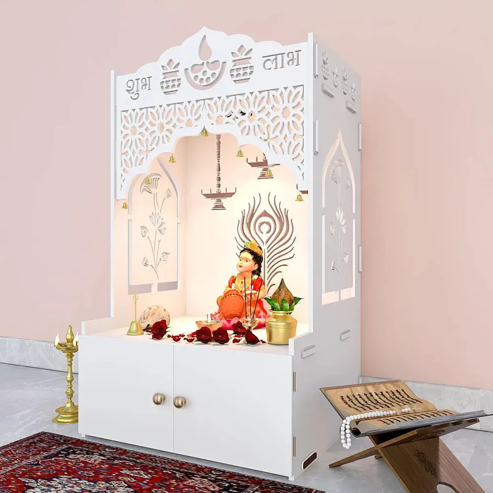Intricate Jali Wooden Floor Temple with Spacious Shelf &amp; Inbuilt Focus Light- White
