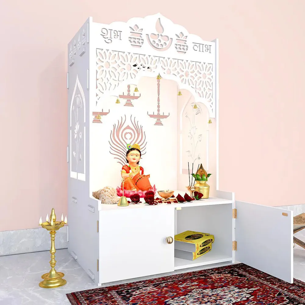 Intricate Jali Wooden Floor Temple with Spacious Shelf &amp; Inbuilt Focus Light- White