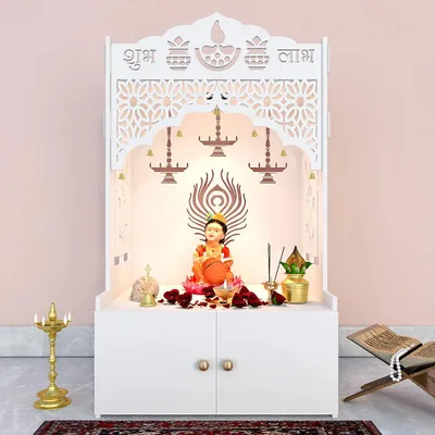 Intricate Jali Wooden Floor Temple with Spacious Shelf &amp; Inbuilt Focus Light- White