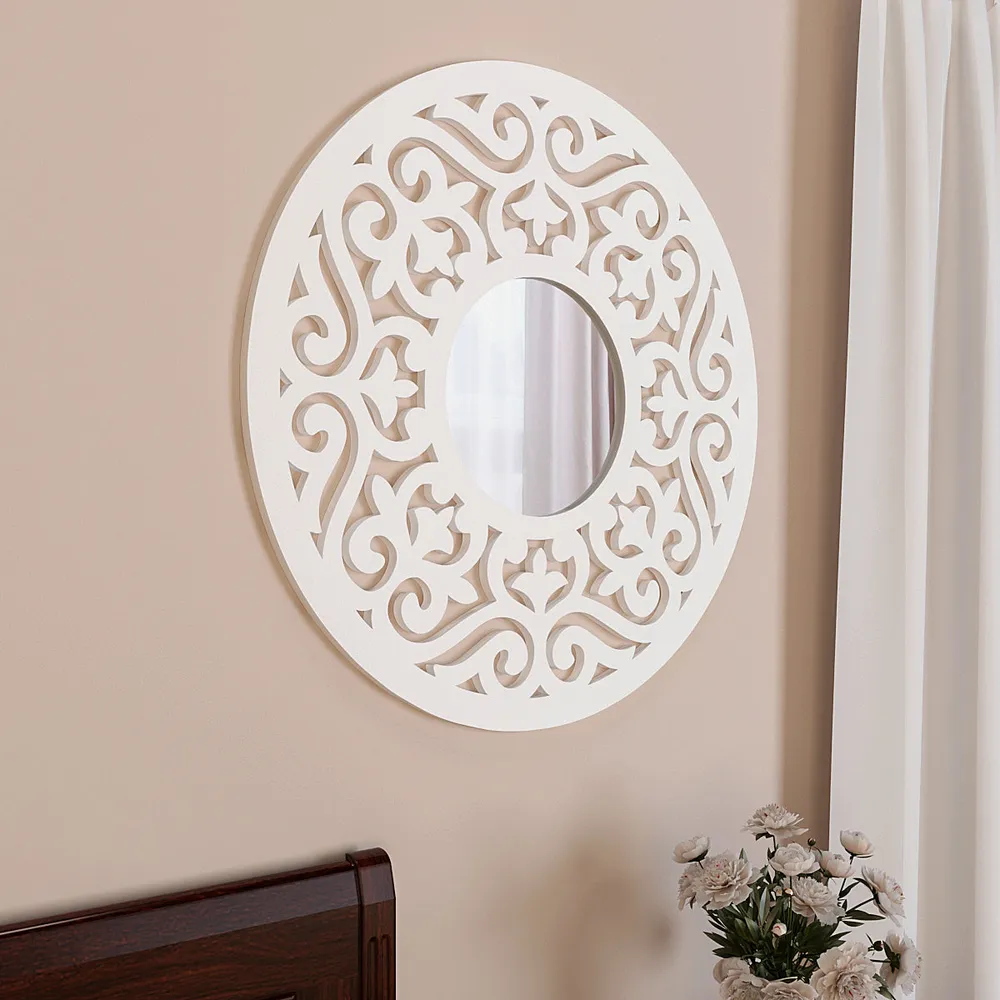 Intricate Mandala Design Wooden Decorative Wall Mirror/ Wall Art (Available in Multiple Finishes) White
