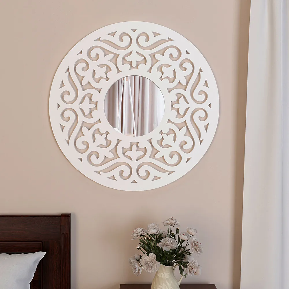 Intricate Mandala Design Wooden Decorative Wall Mirror/ Wall Art (Available in Multiple Finishes) White