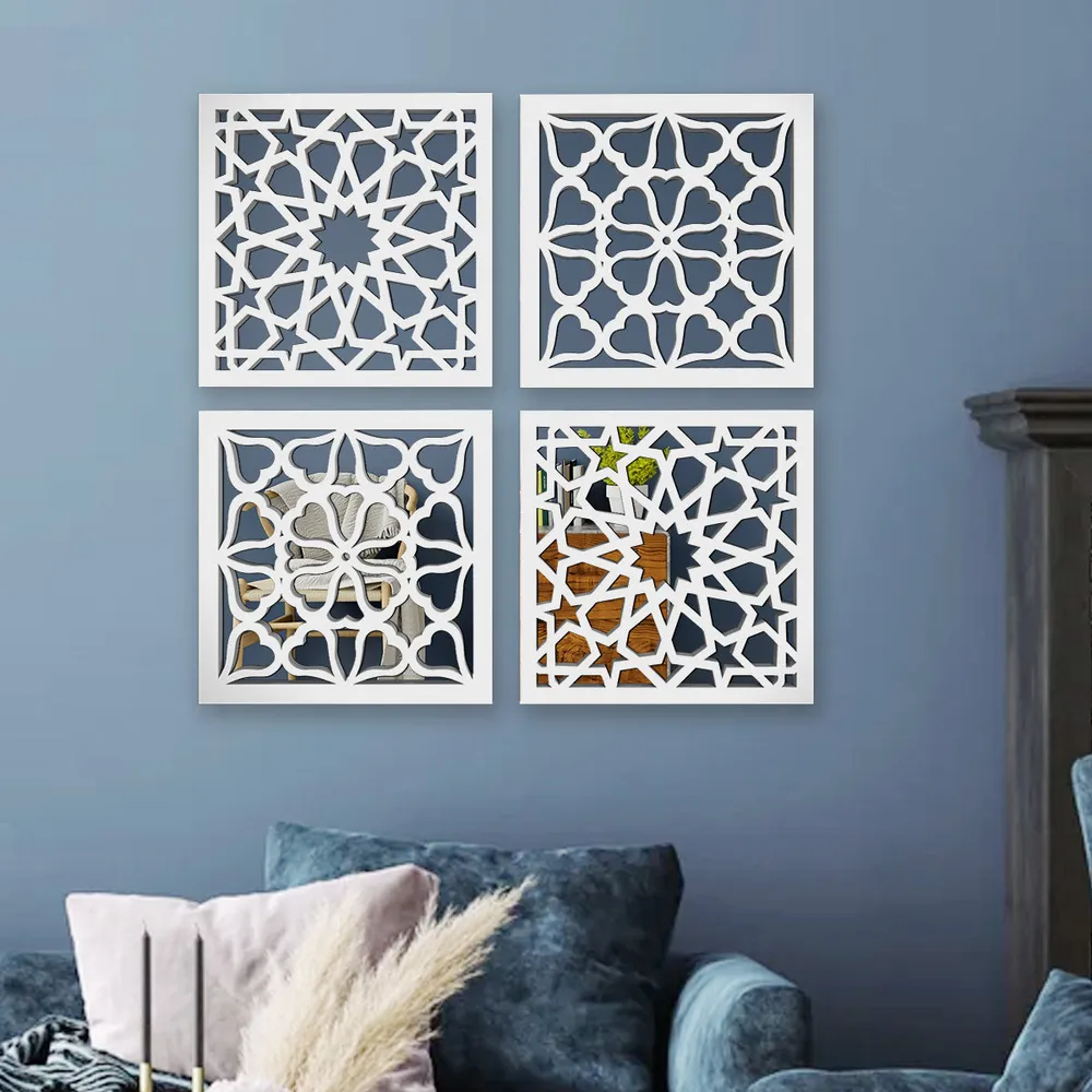 Intricate Moroccan Pattern Wooden Mirror Wall Art- Set of 4