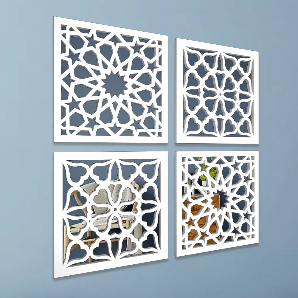 Intricate Moroccan Pattern Wooden Mirror Wall Art- Set of 4