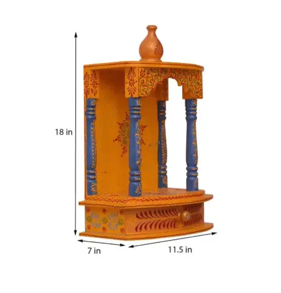 Intricately Carved And Handpainted Wooden Pooja Mandir in Yellow Colour