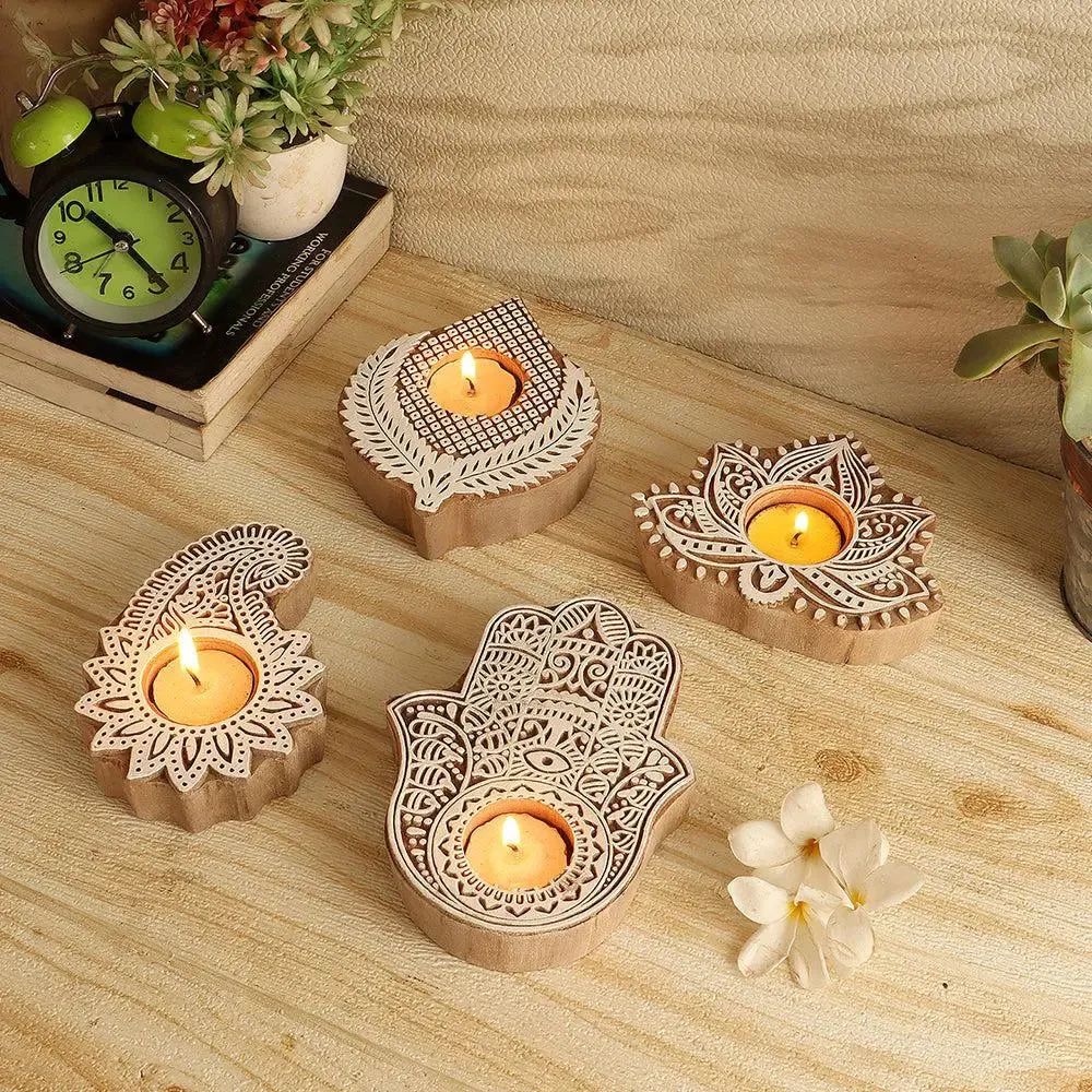 Intricately Carved Mango Wood Beige Tealight Candle Holder (Set of 4)