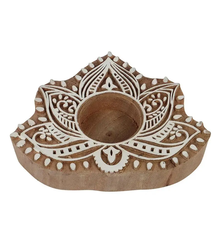Intricately Carved Mango Wood Beige Tealight Candle Holder (Set of 4)