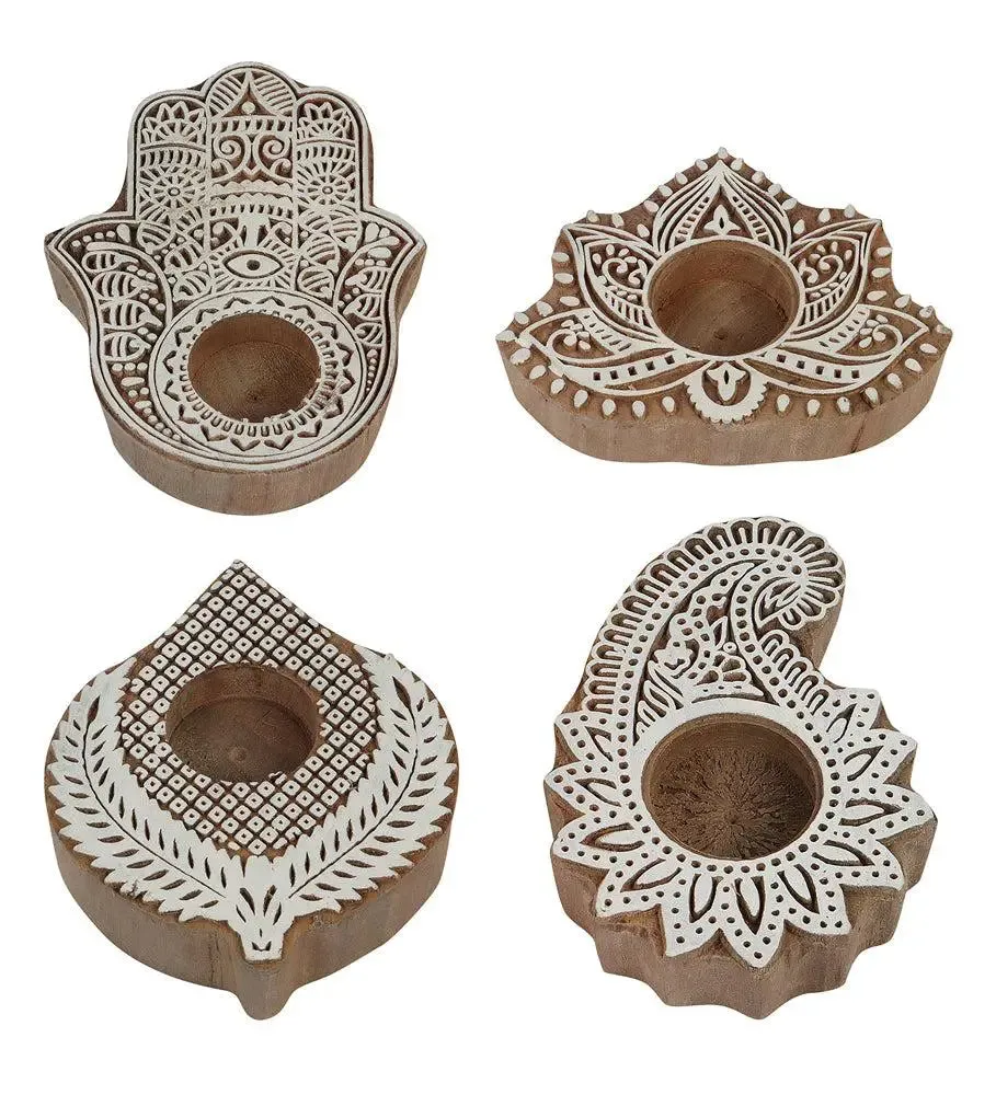 Intricately Carved Mango Wood Beige Tealight Candle Holder (Set of 4)
