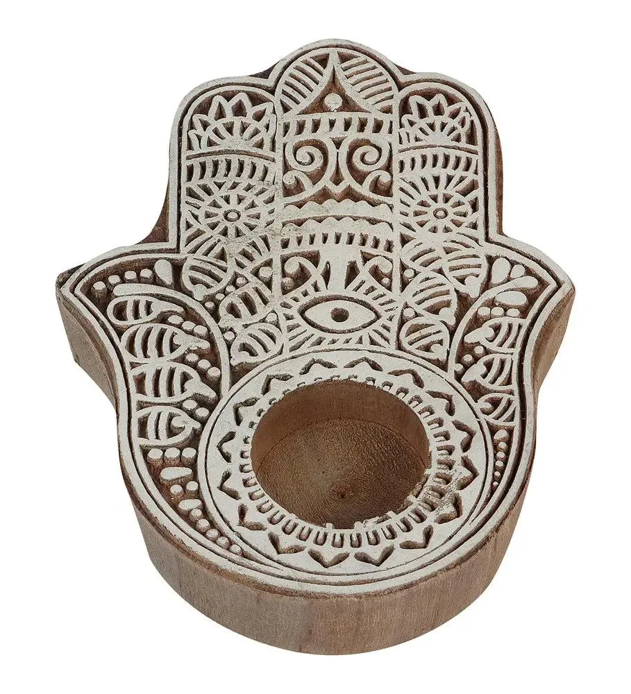 Intricately Carved Mango Wood Beige Tealight Candle Holder (Set of 4)