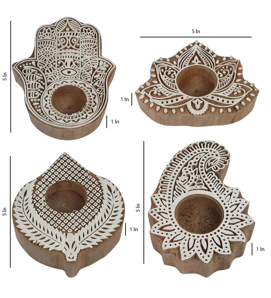Intricately Carved Mango Wood Beige Tealight Candle Holder (Set of 4)