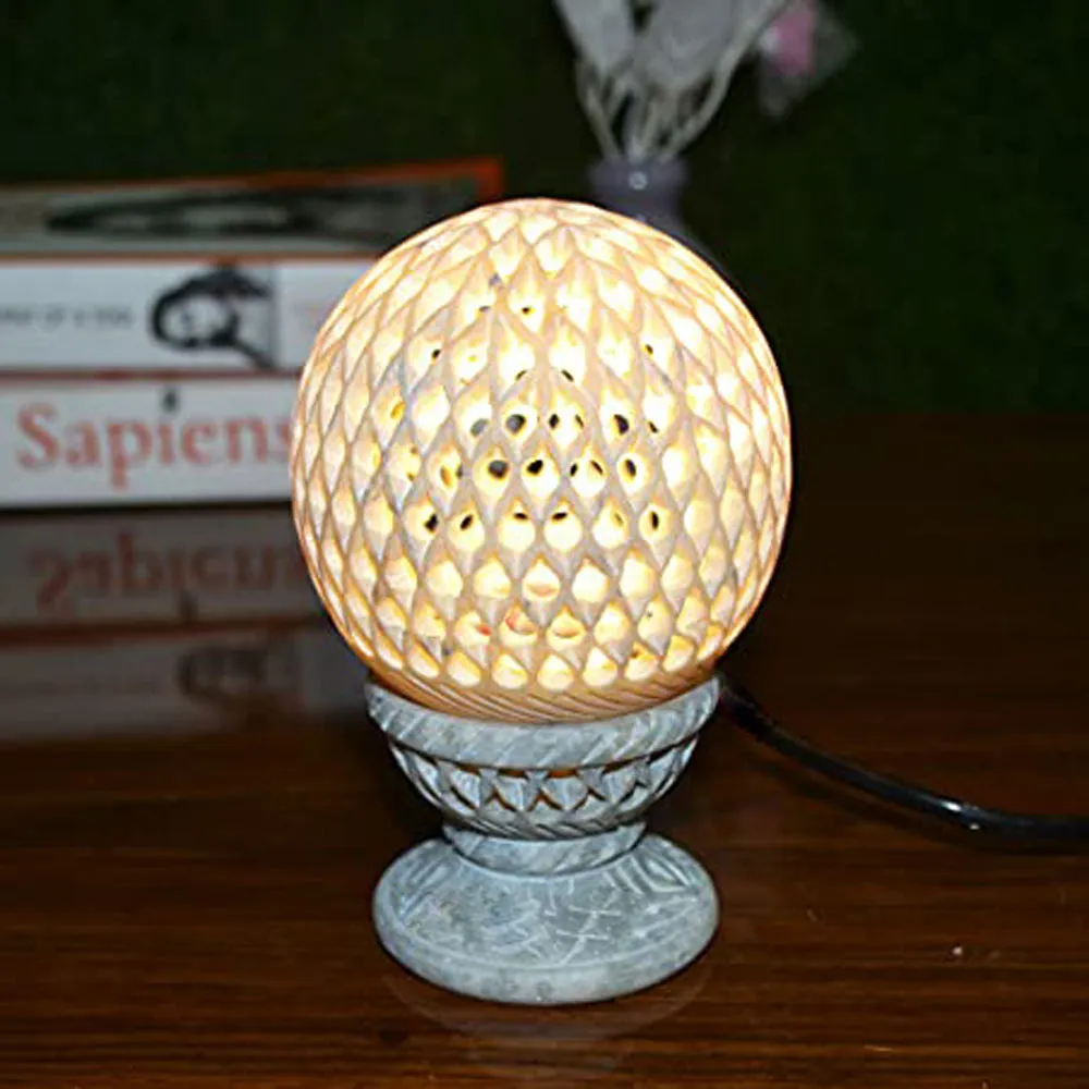 Intricately Carved Soapstone Mini Table Lamp for Living Room (Without Bulb)
