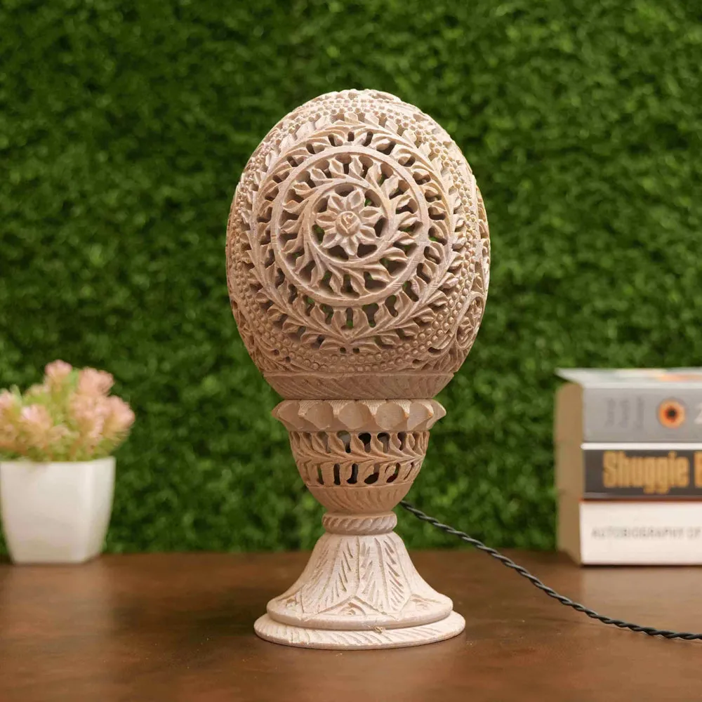 Intricately Carved Soapstone Table Lamp for Living Room (Without Bulb)