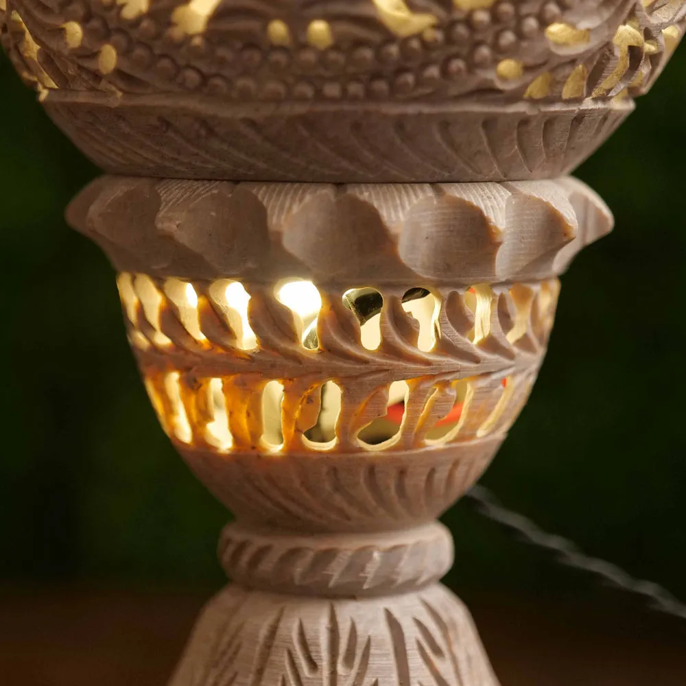 Intricately Carved Soapstone Table Lamp for Living Room (Without Bulb)