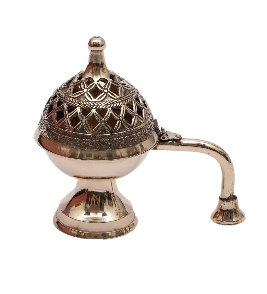 Intricately Crafted Brass Loban Burner with Handle