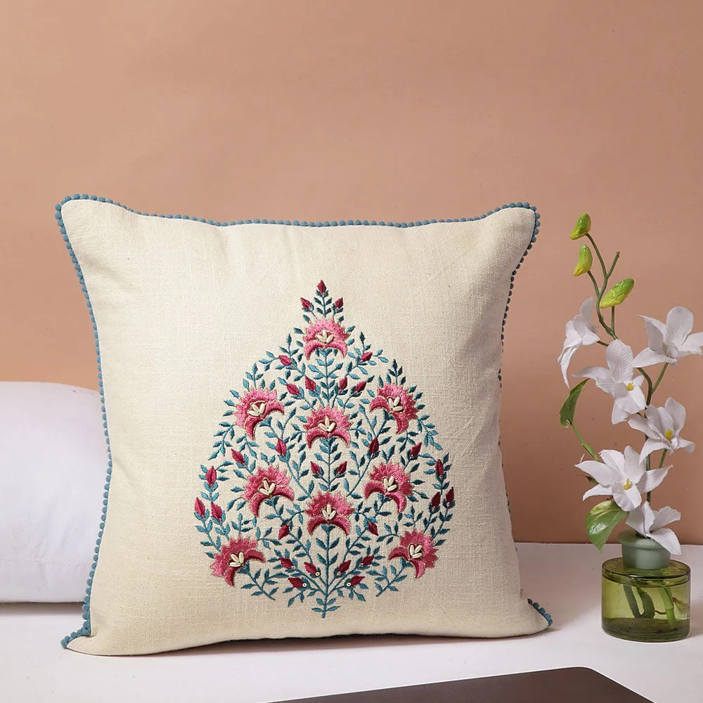 Intricately Designed Multicolor Mughal Embroidered 100% Cotton Cushion Cover Set Of 1