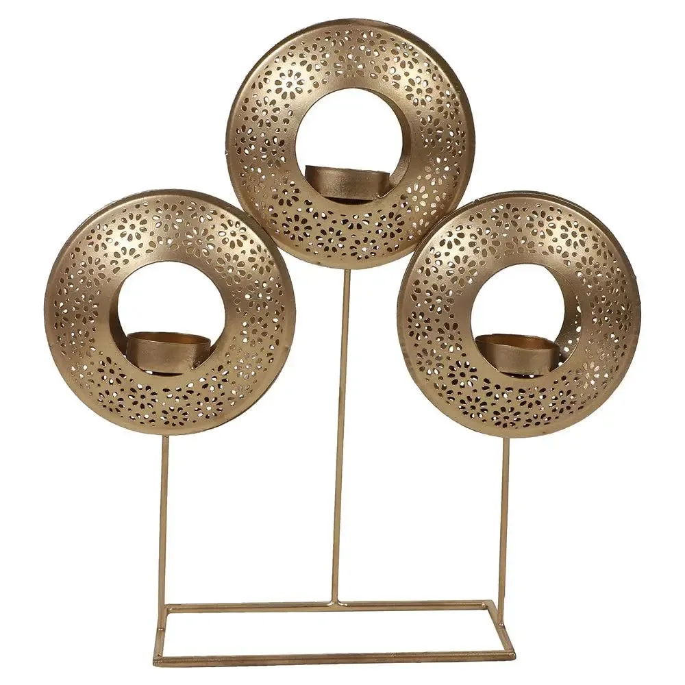 Intricately Etched Designer Round Table Tealight Holder (Golden)