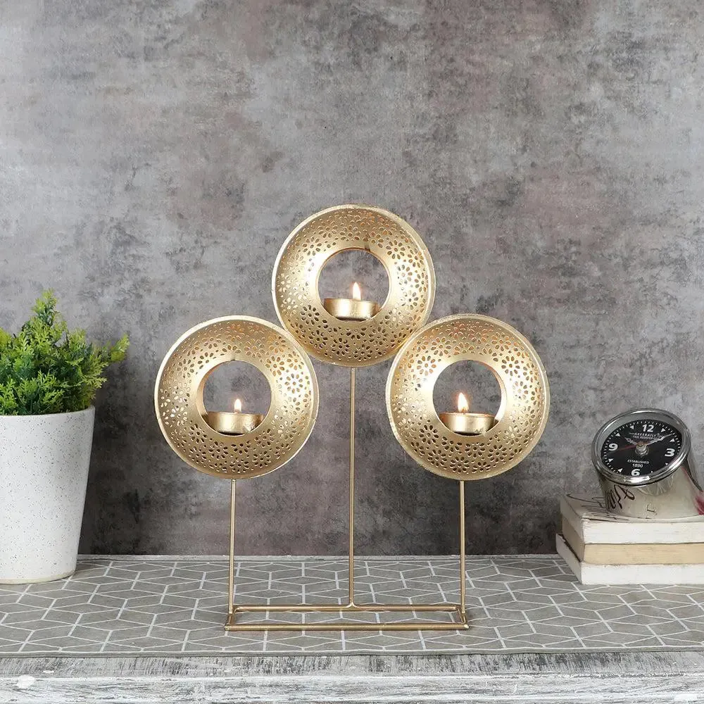 Intricately Etched Designer Round Table Tealight Holder (Golden)