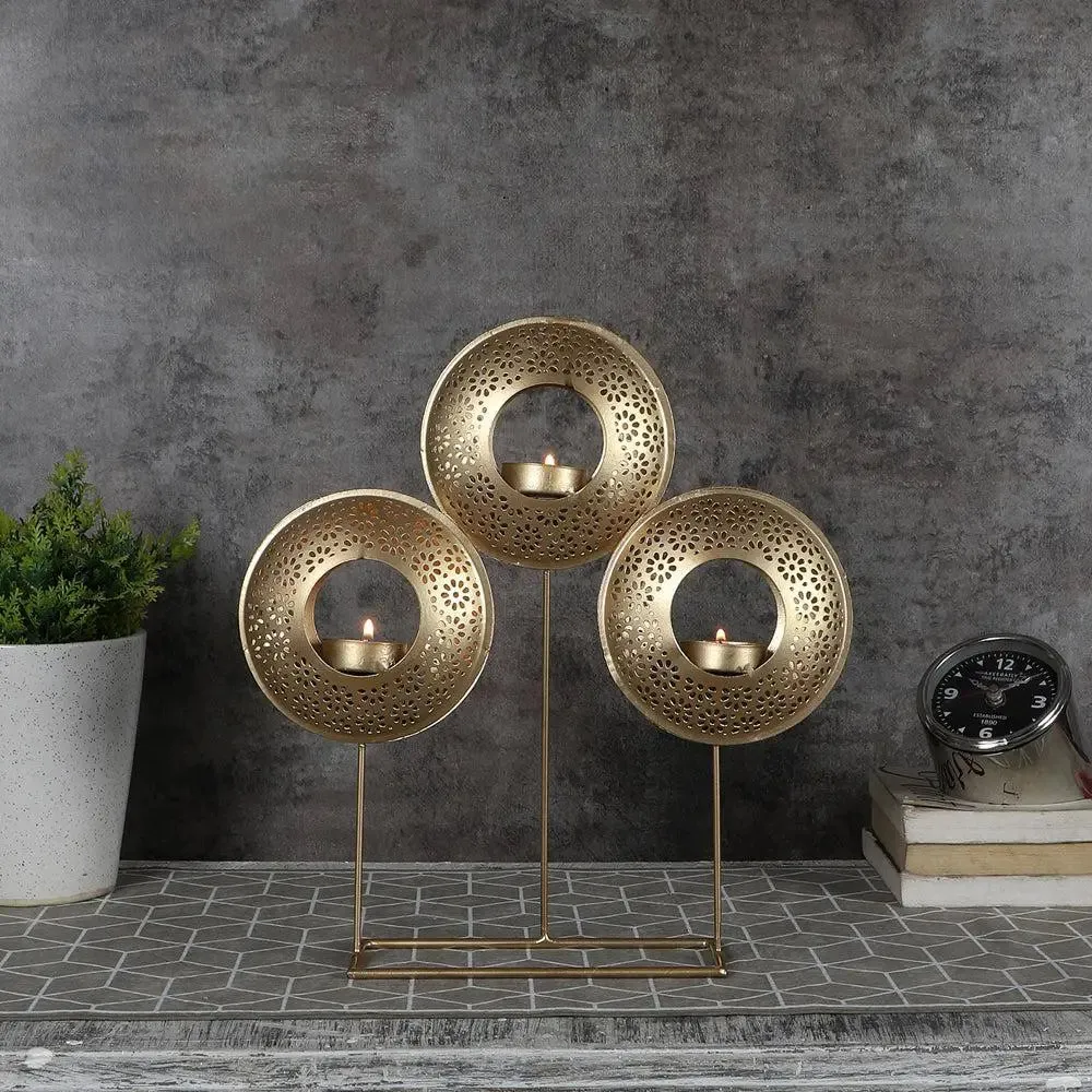 Intricately Etched Designer Round Table Tealight Holder (Golden)