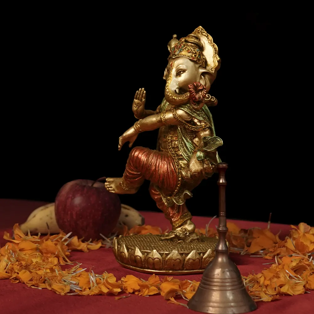 Intricately Handcrafted Highly Detailed Cheerful Dancing Ganesha Idol In Polyresin