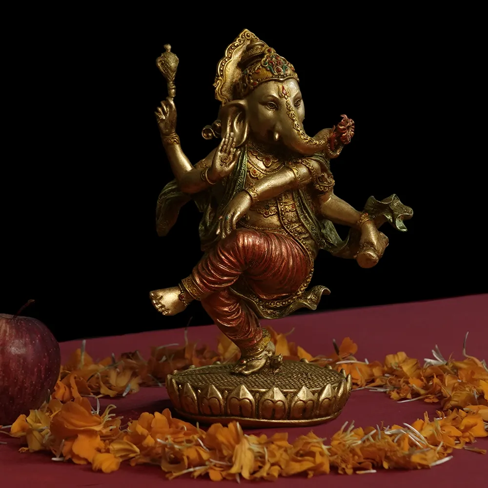 Intricately Handcrafted Highly Detailed Cheerful Dancing Ganesha Idol In Polyresin
