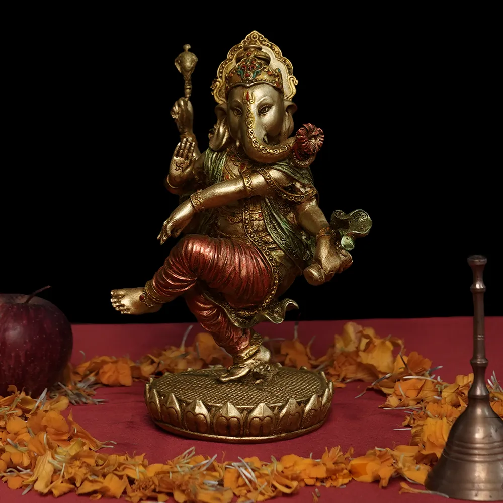 Intricately Handcrafted Highly Detailed Cheerful Dancing Ganesha Idol In Polyresin