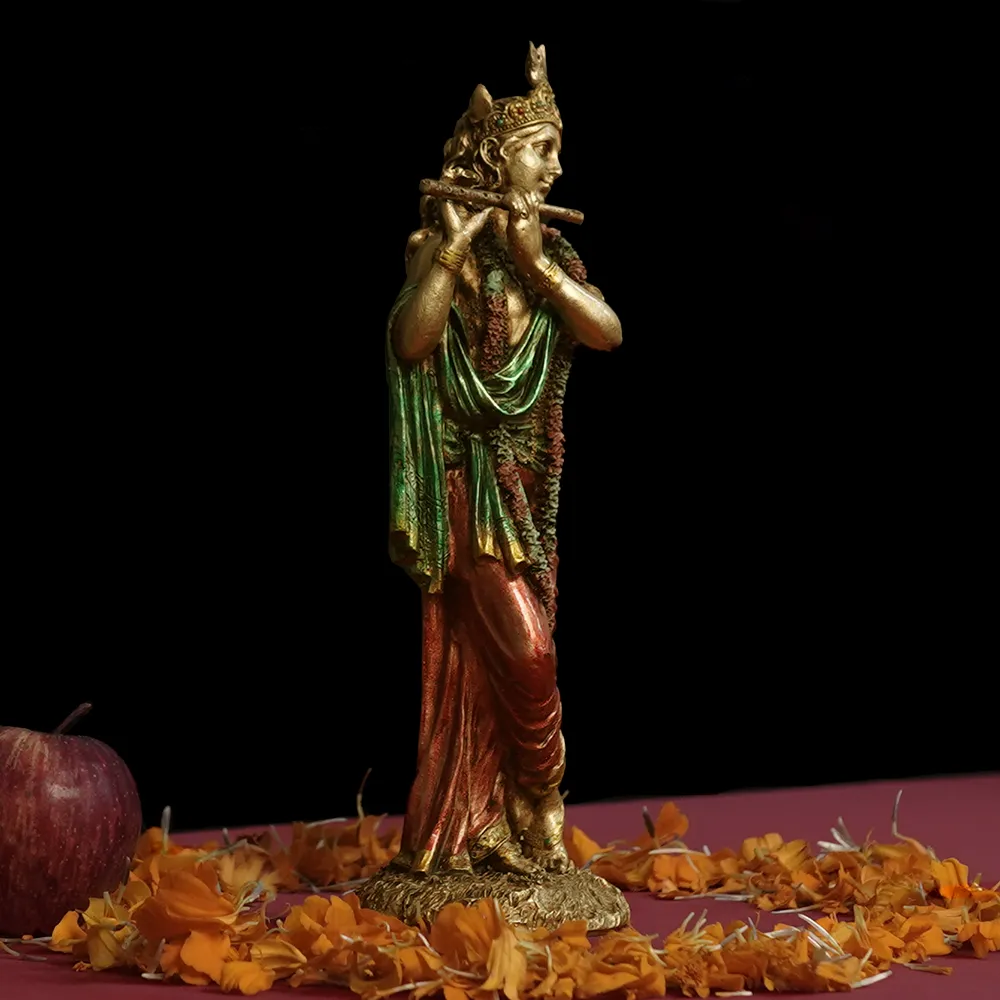 Intricately Handcrafted Highly Detailed Enamouring Golden Finish Lord Krishna Idol In Polyresin