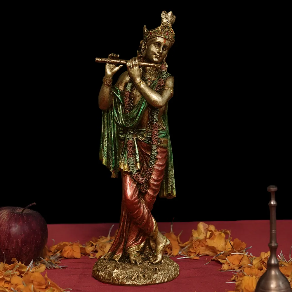 Intricately Handcrafted Highly Detailed Enamouring Golden Finish Lord Krishna Idol In Polyresin