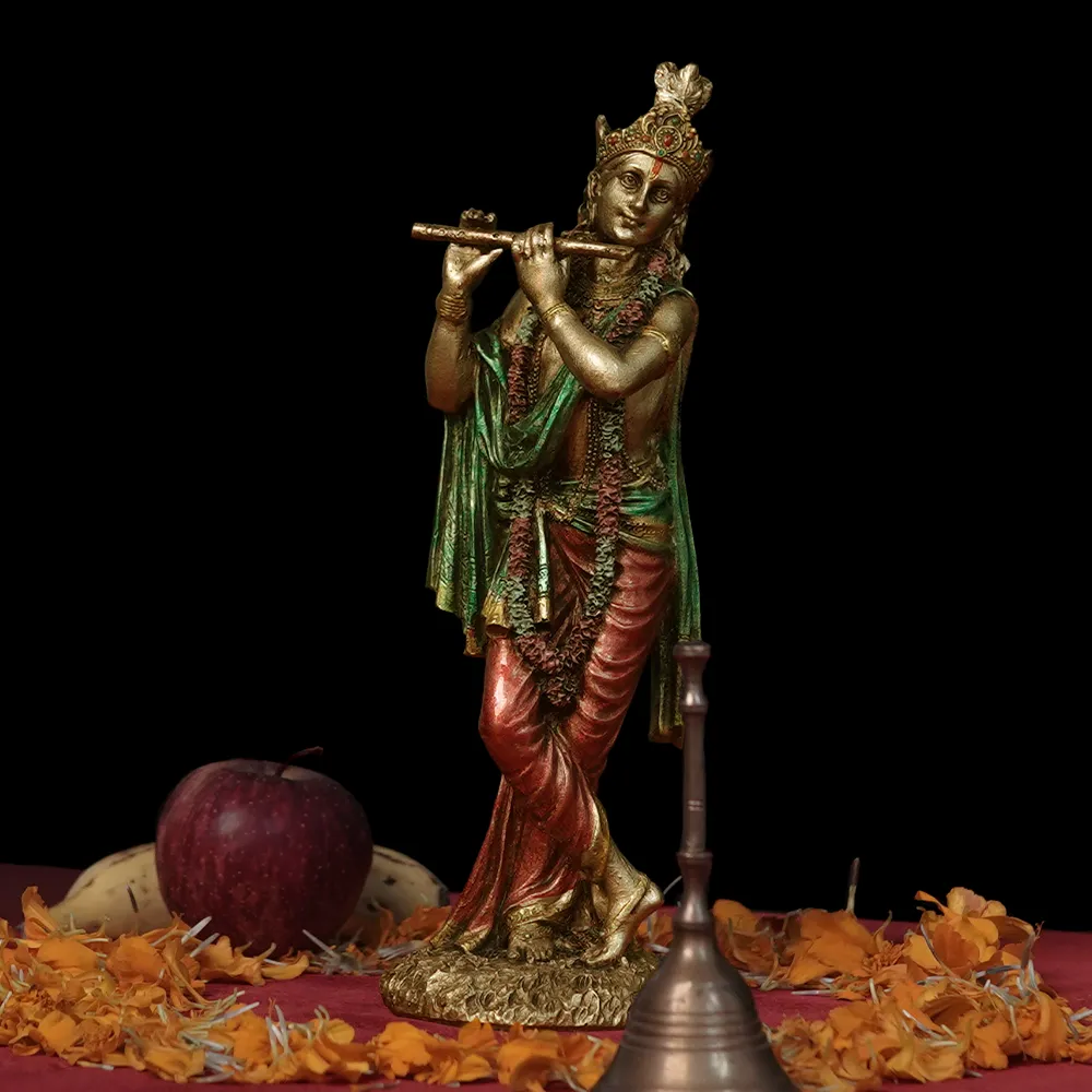Intricately Handcrafted Highly Detailed Enamouring Golden Finish Lord Krishna Idol In Polyresin