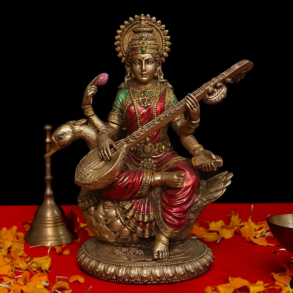 Intricately Handcrafted Highly Detailed Ever Enlightening Goddess Saraswati Idol In Polyresin