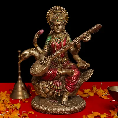 Intricately Handcrafted Highly Detailed Ever Enlightening Goddess Saraswati Idol In Polyresin