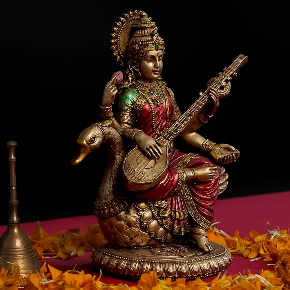 Intricately Handcrafted Highly Detailed Ever Enlightening Goddess Saraswati Idol In Polyresin