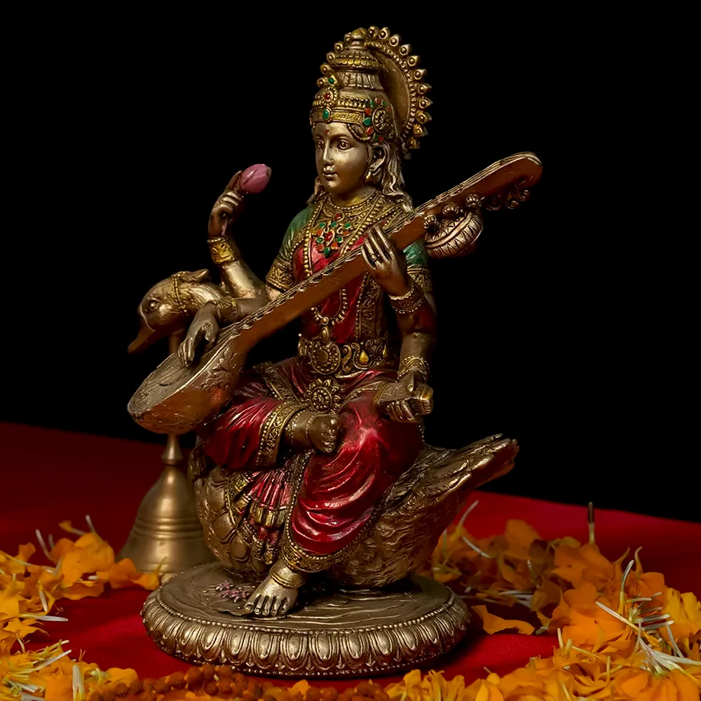 Intricately Handcrafted Highly Detailed Ever Enlightening Goddess Saraswati Idol In Polyresin
