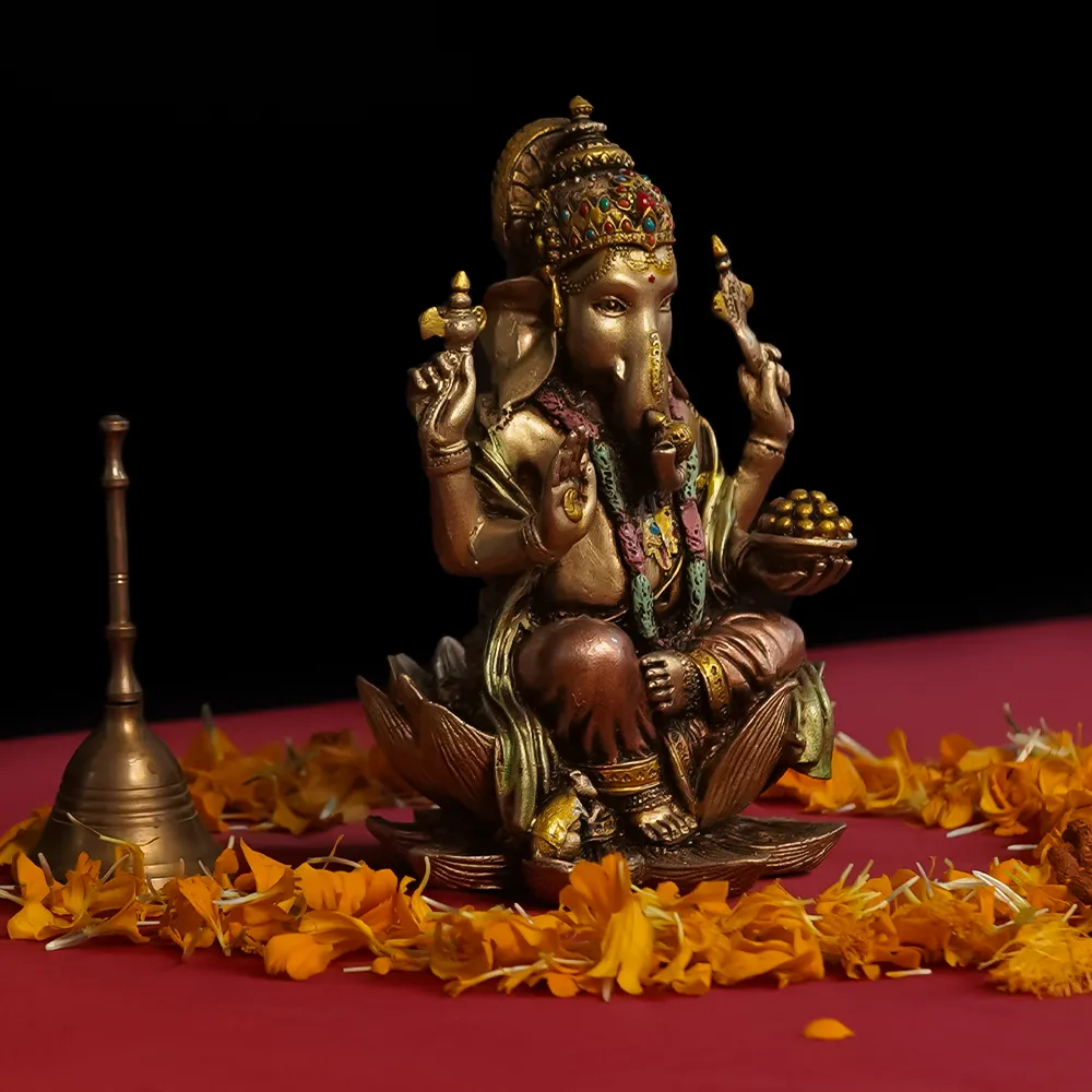 Intricately Handcrafted Highly Detailed Peaceful Lotus Ganesha Idol In Polyresin