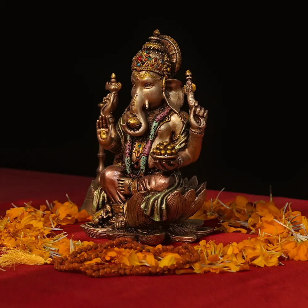 Intricately Handcrafted Highly Detailed Peaceful Lotus Ganesha Idol In Polyresin
