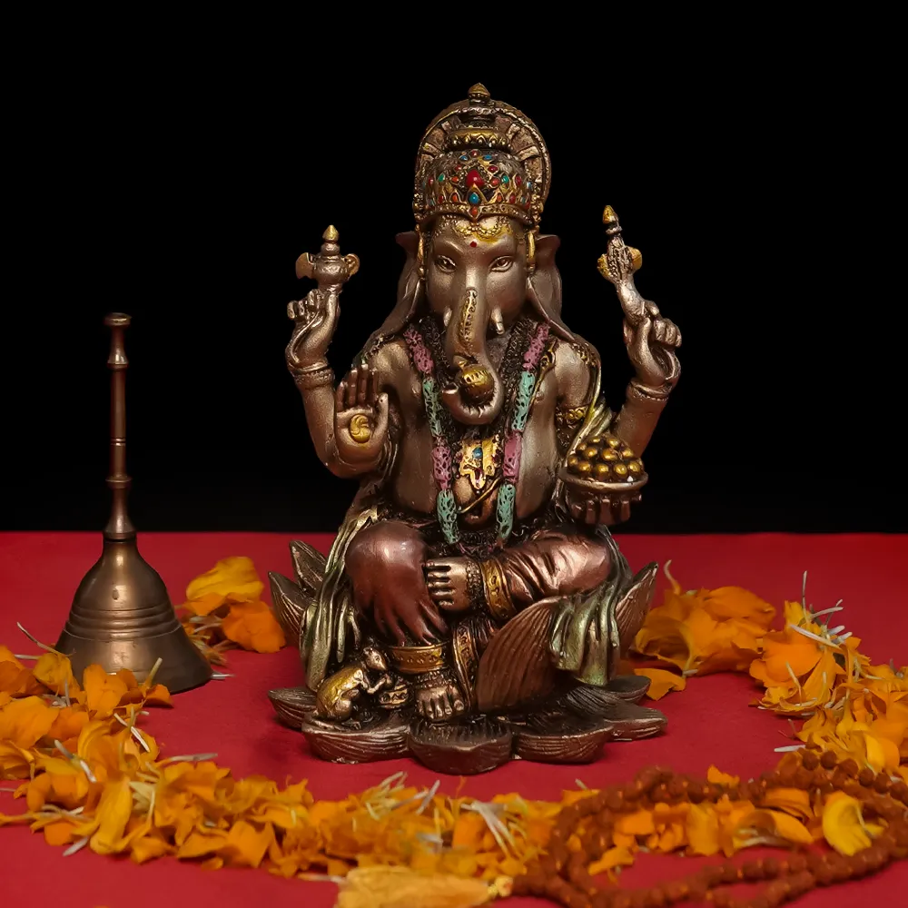 Intricately Handcrafted Highly Detailed Peaceful Lotus Ganesha Idol In Polyresin