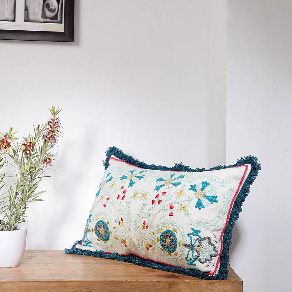 Intricately Wool Embroidered Natural Linen and Teal Blue Colored 100 % Cotton Cushion Cover Pack Of 1