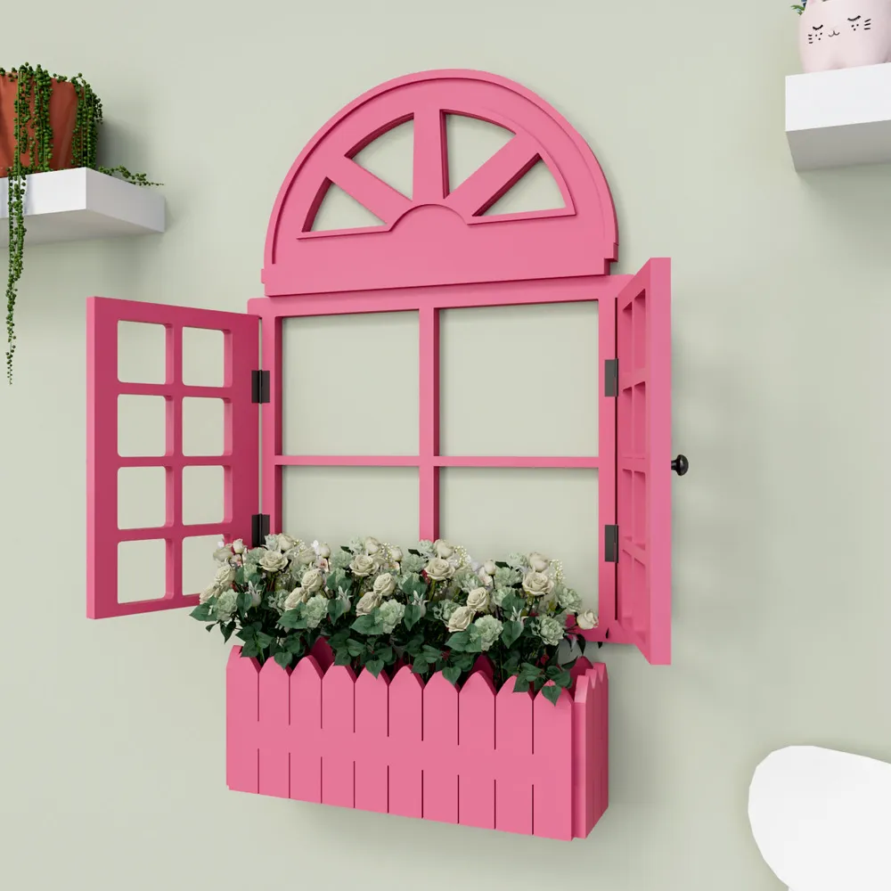 Italian Style Pretty Vintage Window Frame Wooden Jharokha Wall Decor Pink