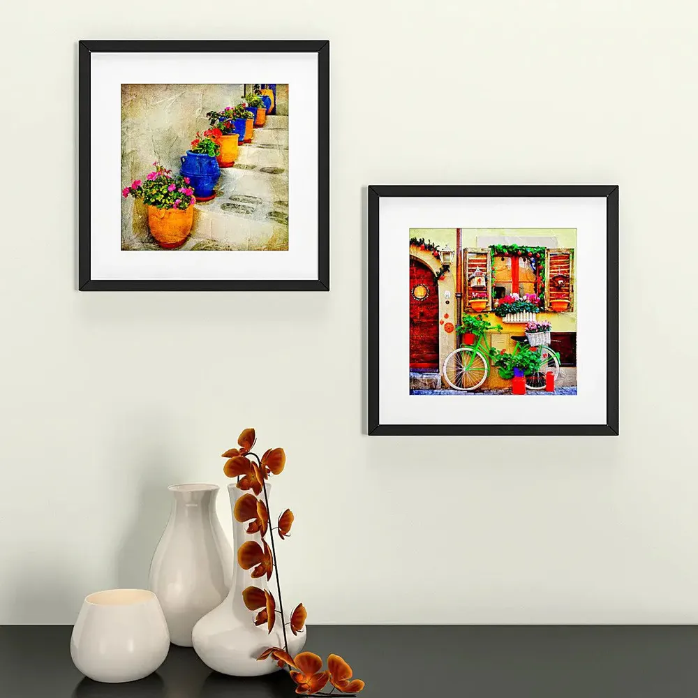 Italian Villages Wall Painting Set of 2 Wooden Framed Wall hanging for Home, Office, Bedroom Decor