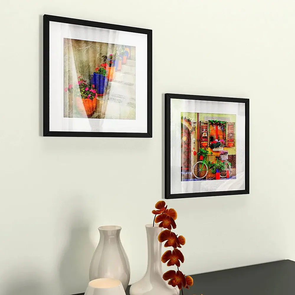 Italian Villages Wall Painting Set of 2 Wooden Framed Wall hanging for Home, Office, Bedroom Decor