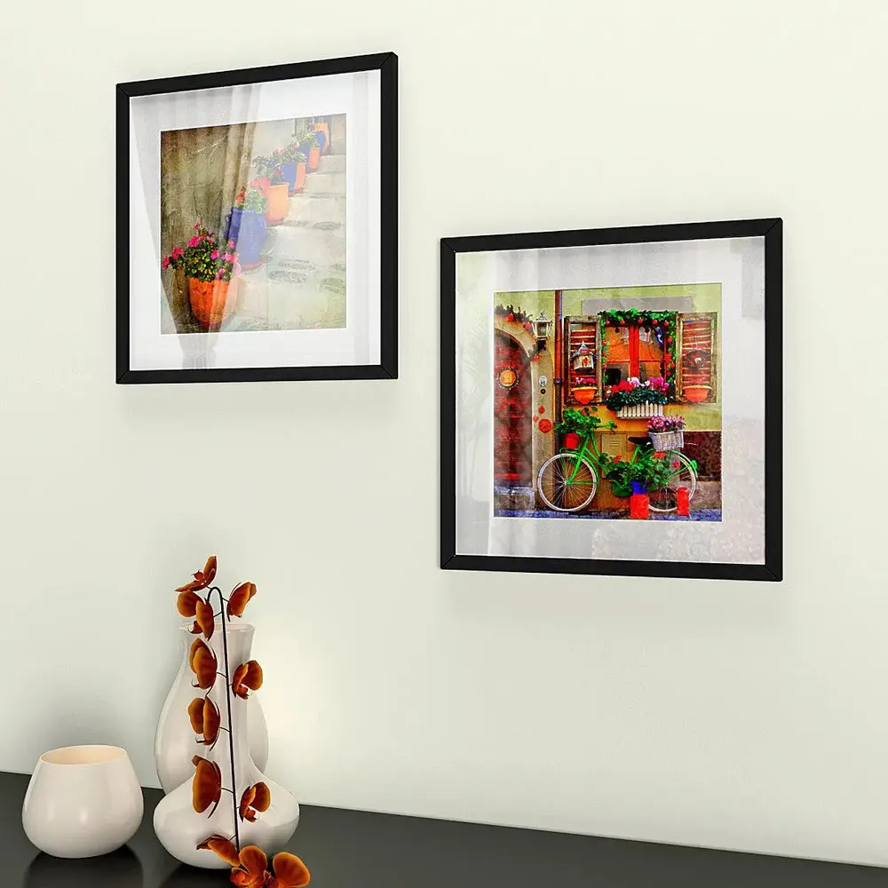 Italian Villages Wall Painting Set of 2 Wooden Framed Wall hanging for Home, Office, Bedroom Decor