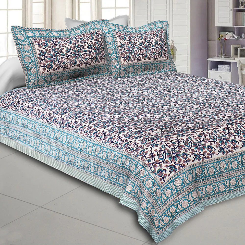 Jaipur Fabric Blue Floral Festoon Hand Block Print Cotton Double Bedsheet Pink
