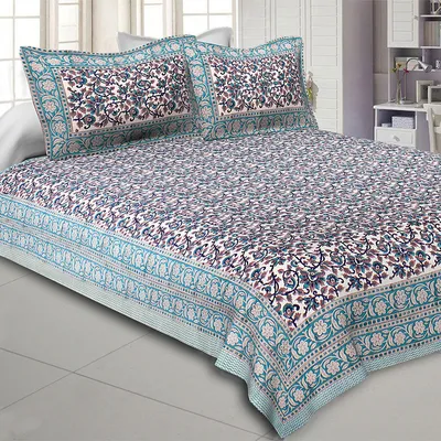 Jaipur Fabric Blue Floral Festoon Hand Block Print Cotton Double Bedsheet