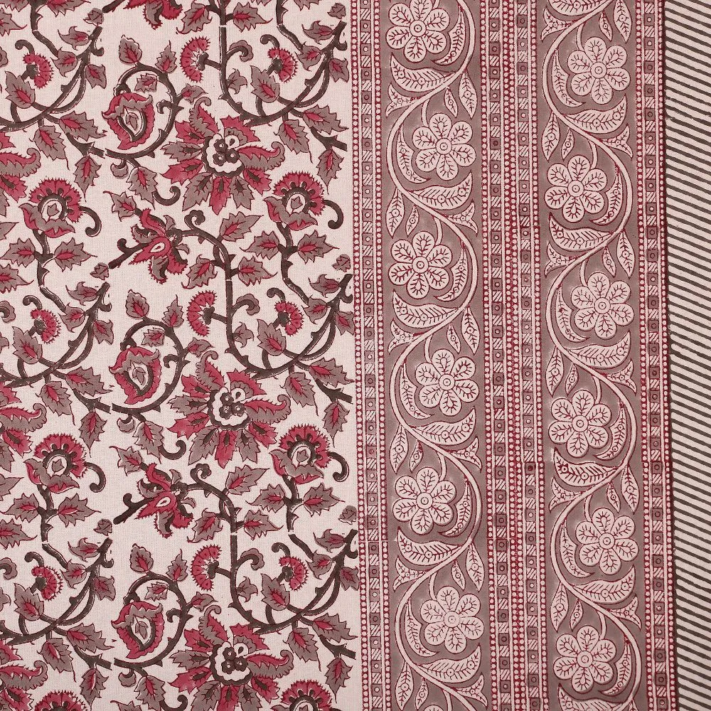 Jaipur Fabric Blue Floral Festoon Hand Block Print Cotton Double Bedsheet Pink