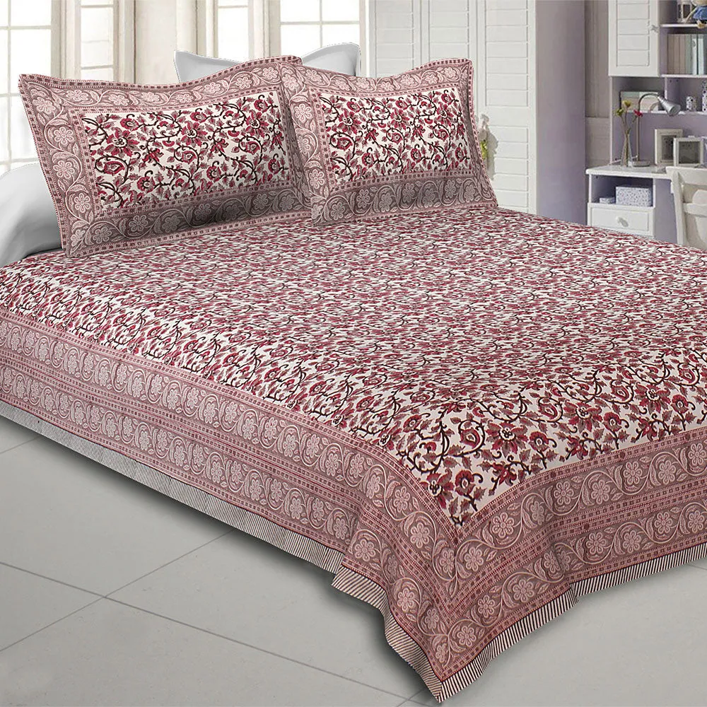Jaipur Fabric Blue Floral Festoon Hand Block Print Cotton Double Bedsheet Pink