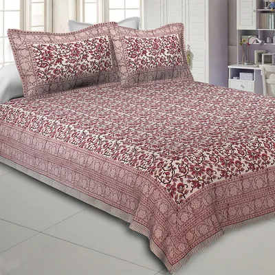Jaipur Fabric Blue Floral Festoon Hand Block Print Cotton Double Bedsheet