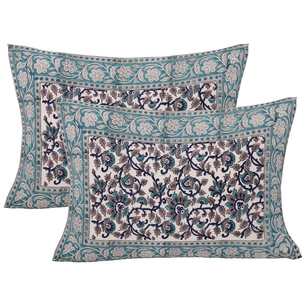 Jaipur Fabric Blue Floral Festoon Hand Block Print Cotton Double Bedsheet Pink