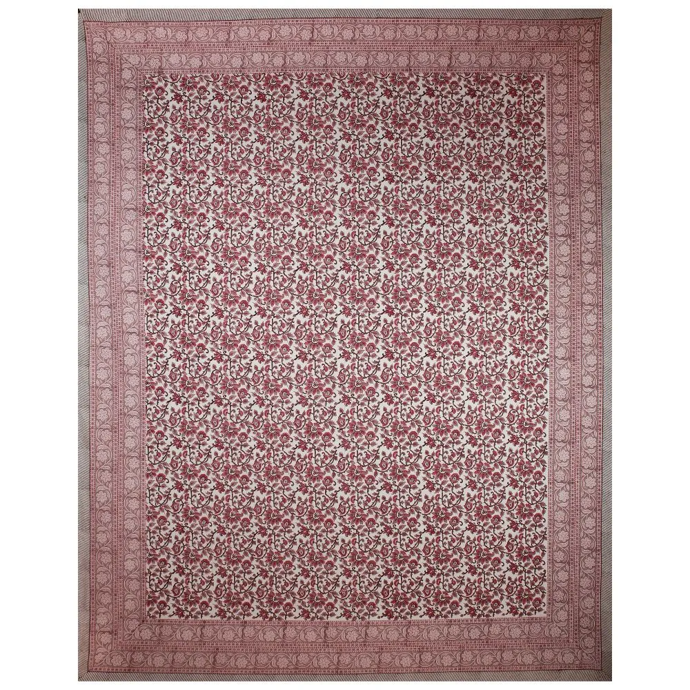 Jaipur Fabric Blue Floral Festoon Hand Block Print Cotton Double Bedsheet Pink