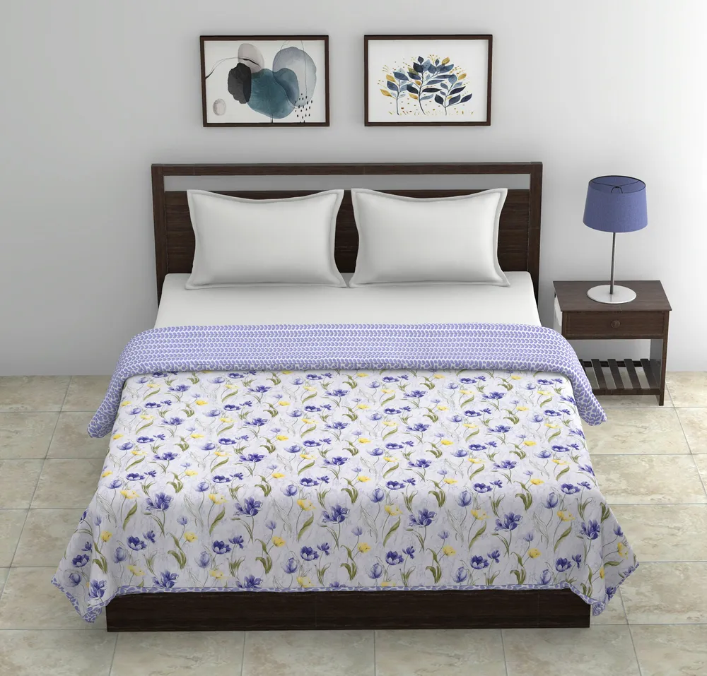 Jaipur Fabric Blue Floral Print Pure Cotton Reversible Double Bed Summer Blanket