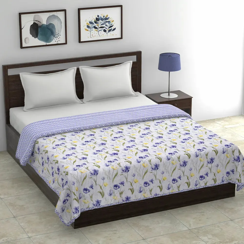 Jaipur Fabric Blue Floral Print Pure Cotton Reversible Double Bed Summer Blanket