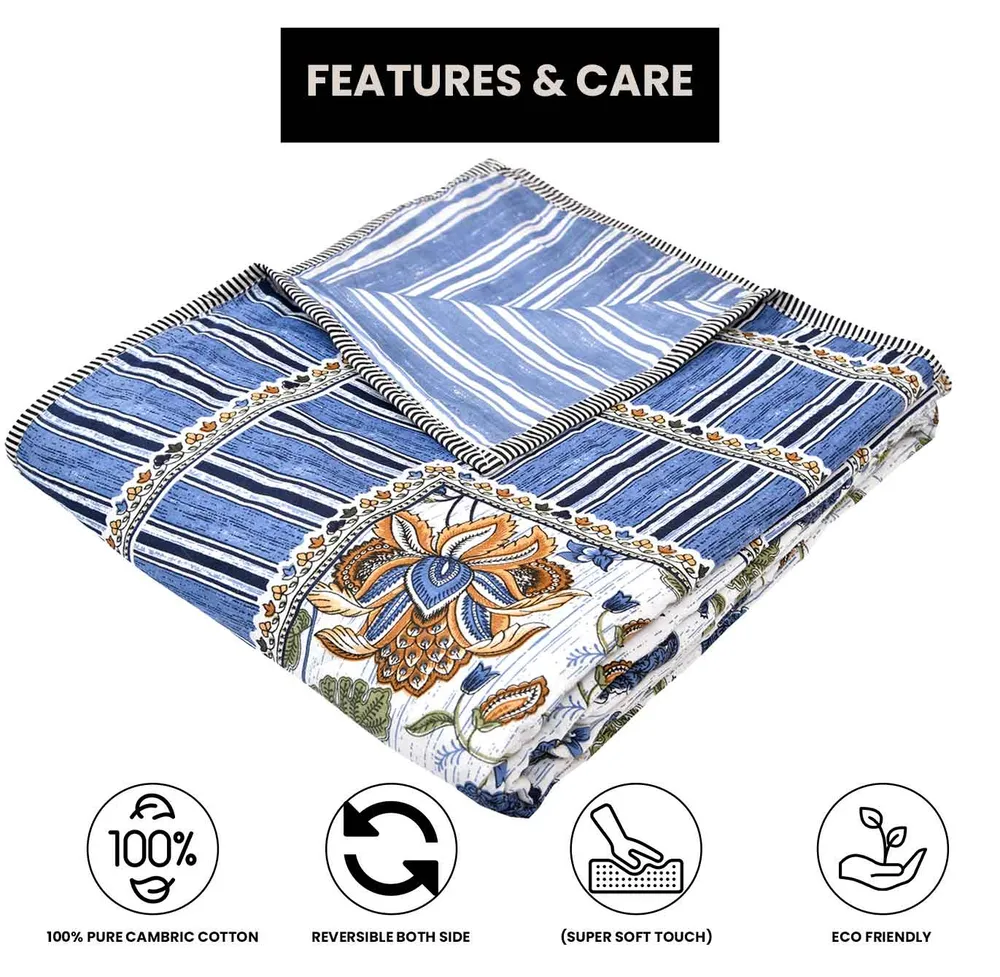 Jaipur Fabric Blue Traditional Floral Patterned Pure Cotton Summer Blanket